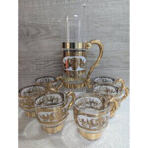 Russian Martini Pitcher and Glasses with Raised Embossed Gold Trim